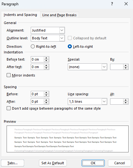 Word Paragraph dialog: Justified alignment, 0 cm indentation, 0 pt spacing before and after, 1.5 lines line spacing